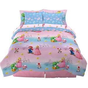 NEW 7 PIECE SUPER MARIO PRINCESS PEACH REVERSIBLE QUEEN COMFORTER AND SHEET SET